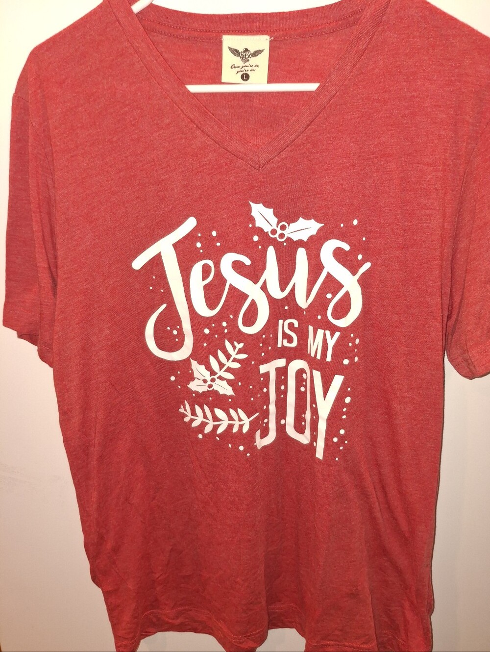 Source Unknown Red V‑Neck Tee with White 'Jesus Is My Joy' Graphic